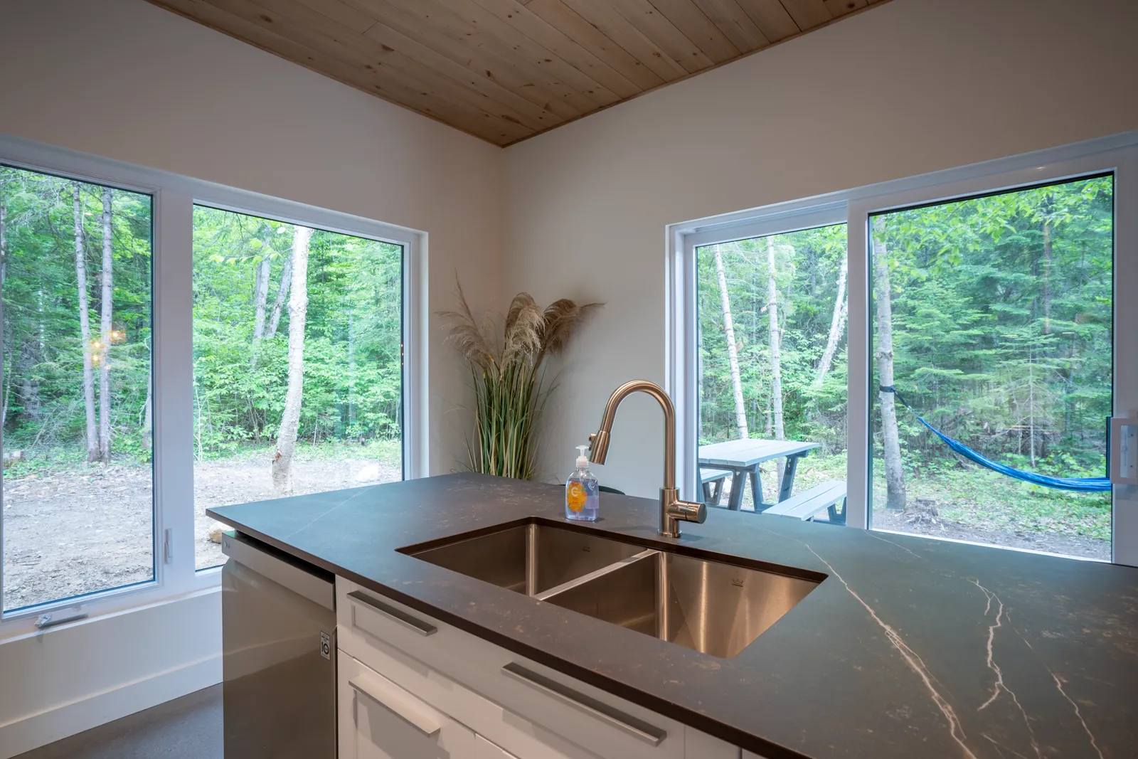 Cuisine avec vue plongeante sur la forêt