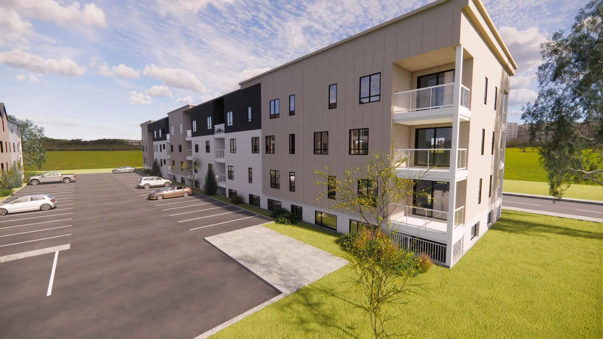 Rendu 3D des immeubles locatifs de la rue Dussault, vus depuis le stationnement