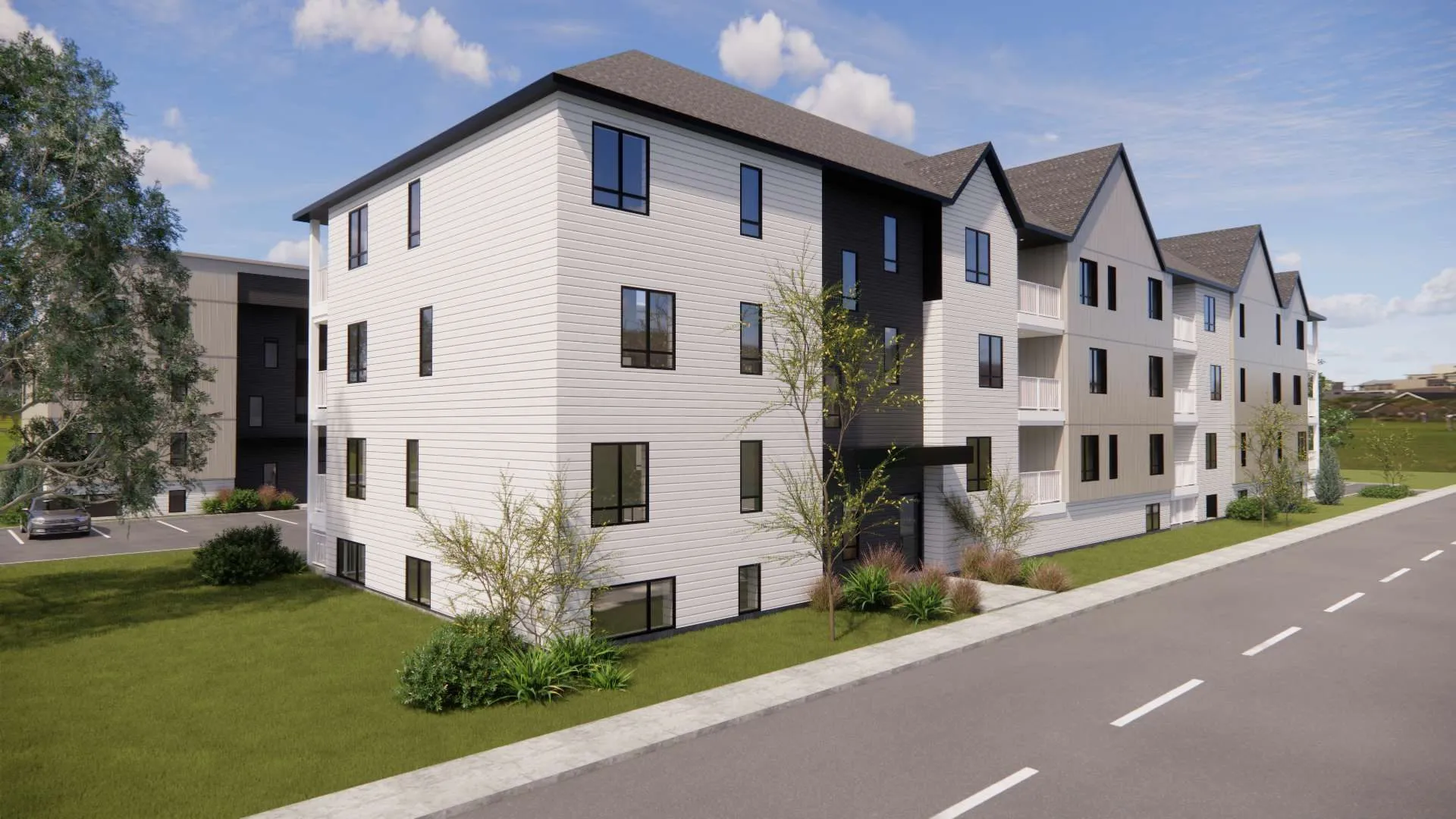 Rendu 3D de l'immeuble de la rue Dussault vu depuis la rue