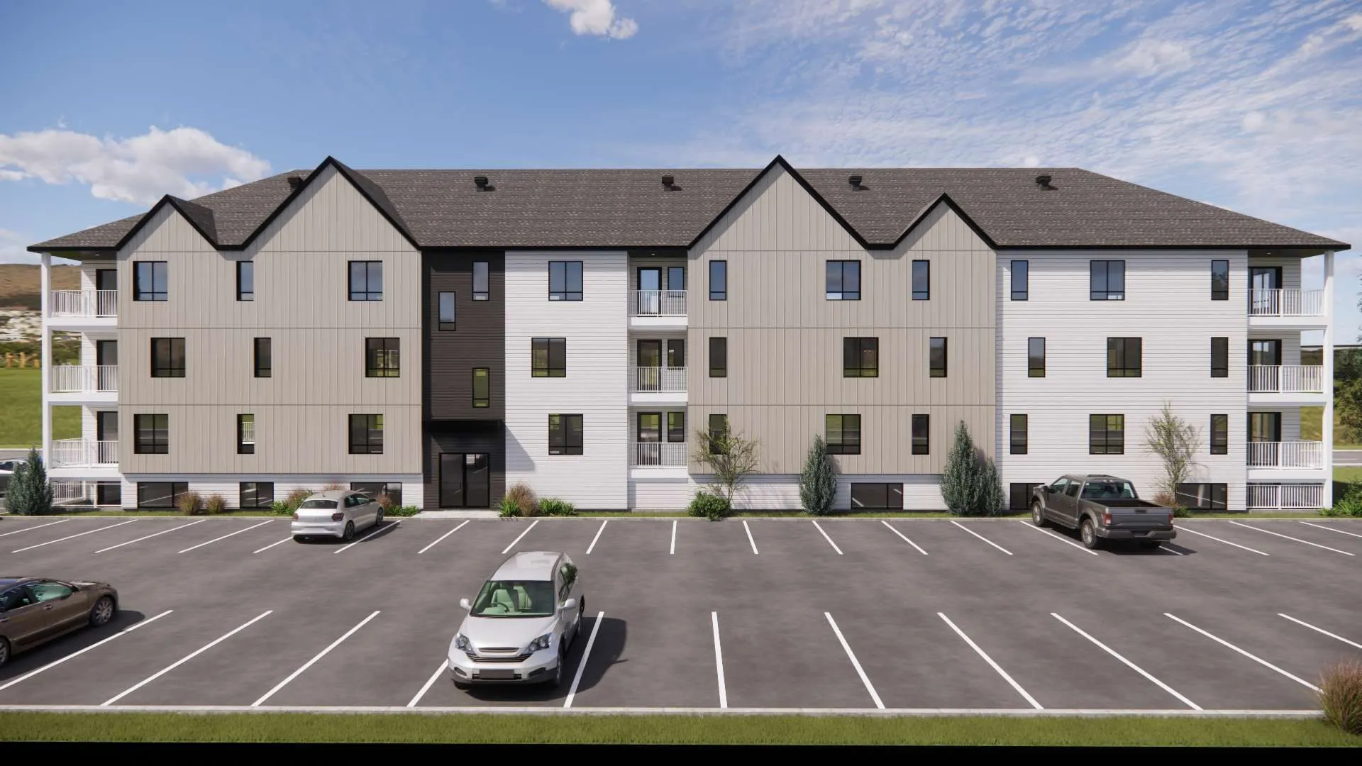 Rendu 3D de la façade principale avec balcons individuels et entrées couvertes