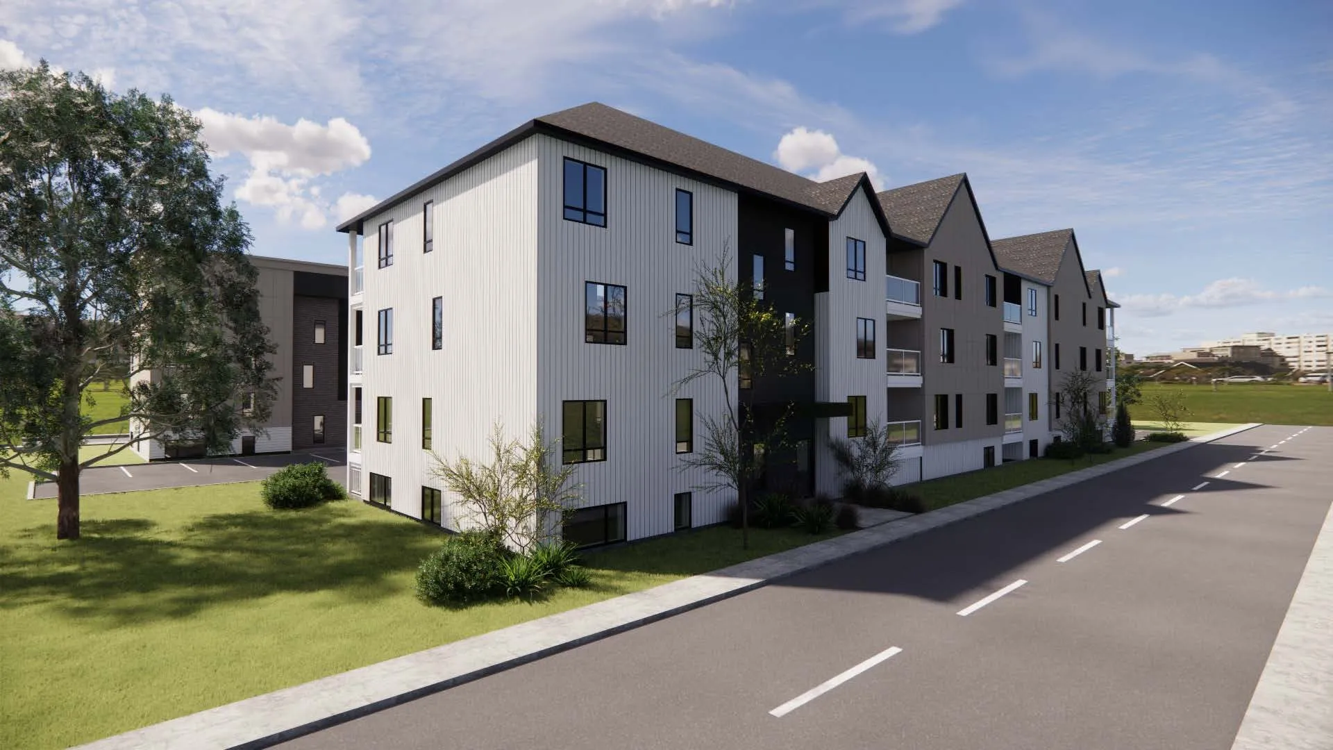 Rendu 3D de l'ensemble vu de la rue, les volumes bâtis en enfilade