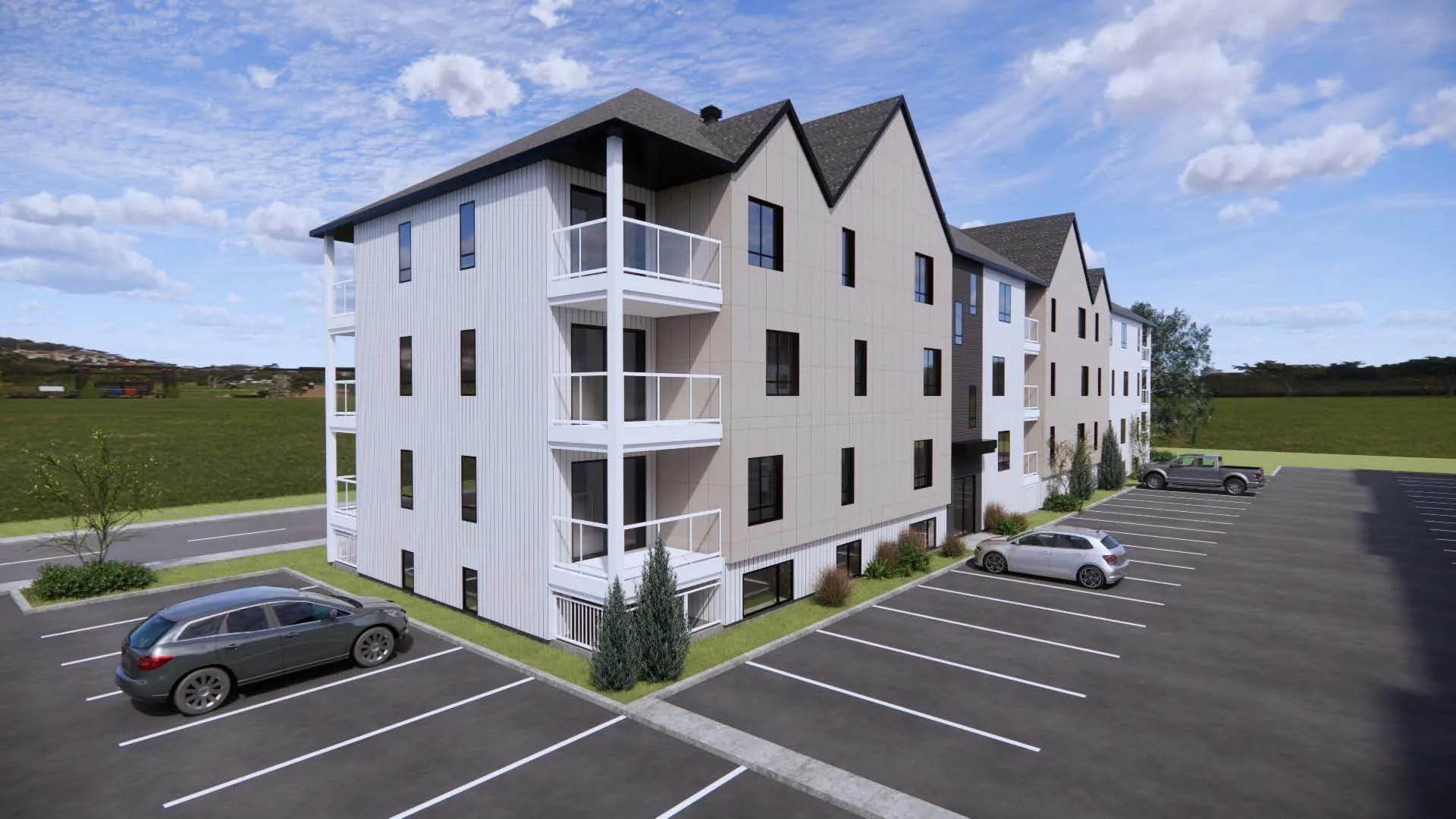Rendu 3D du stationnement et des accès piétons aménagés devant le bâtiment
