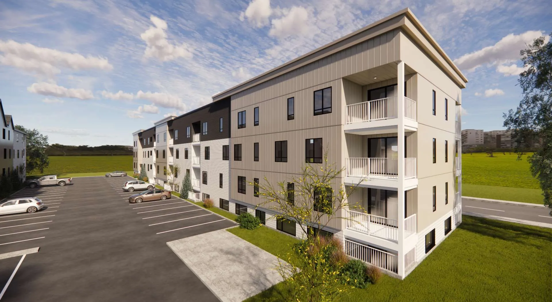 Rendu 3D d'une extrémité du bâtiment, pignon et fenestration d'angle