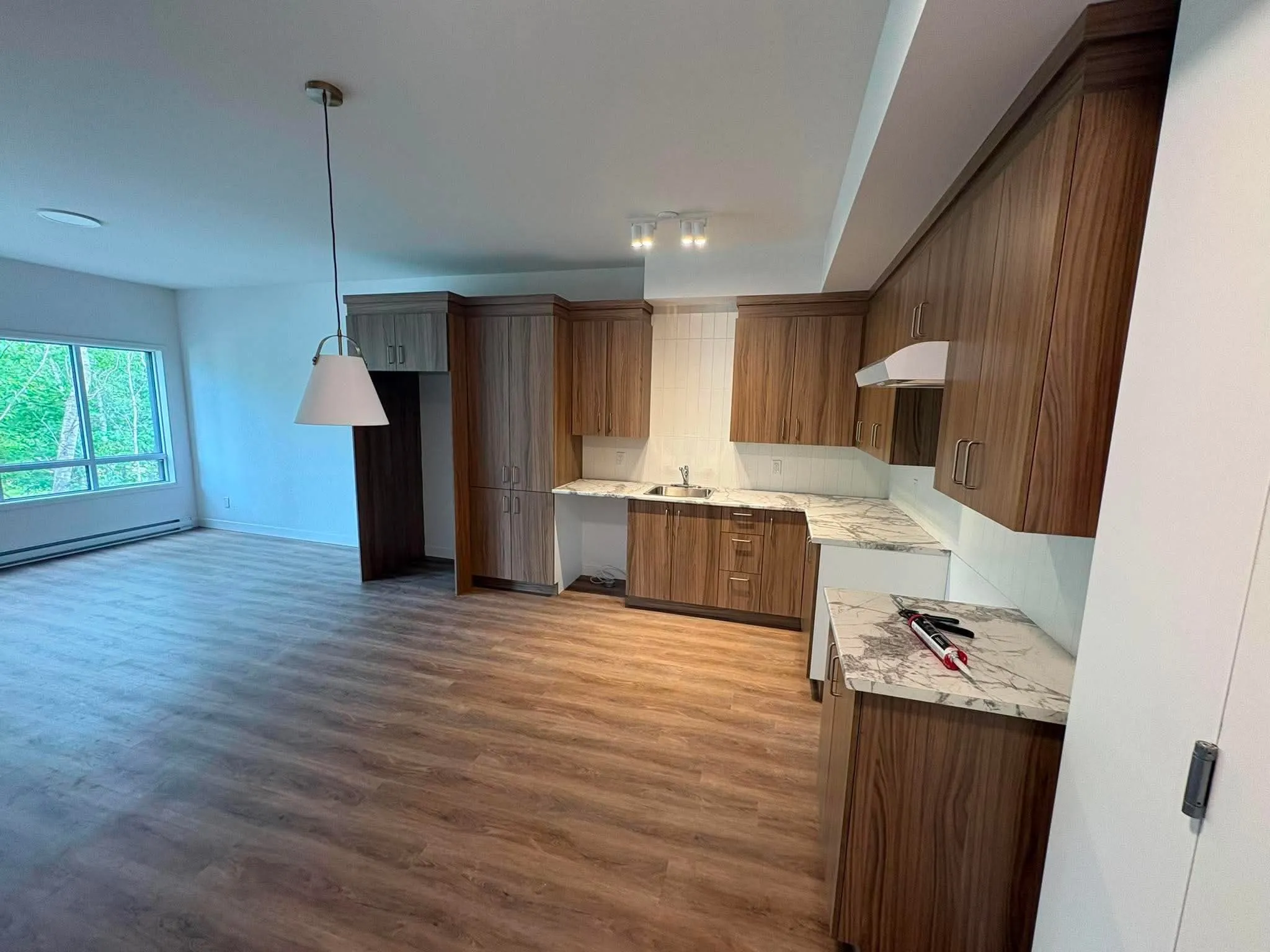 Cuisine d'un logement avec armoires de bois, comptoir et éclairage suspendu