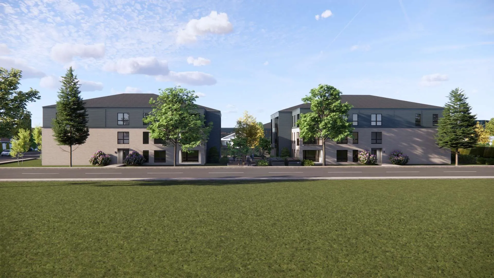 Rendu 3D des deux immeubles jumeaux vus depuis la rue