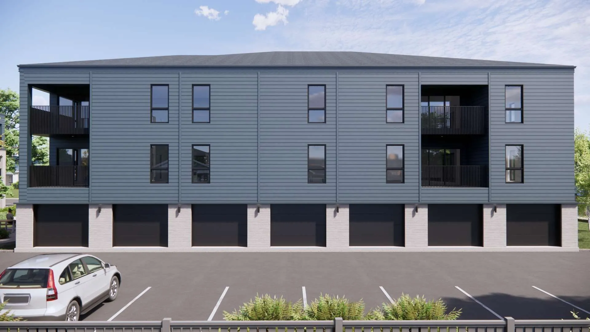 Rendu 3D de la façade en fibrociment bleu et des garages au rez-de-chaussée