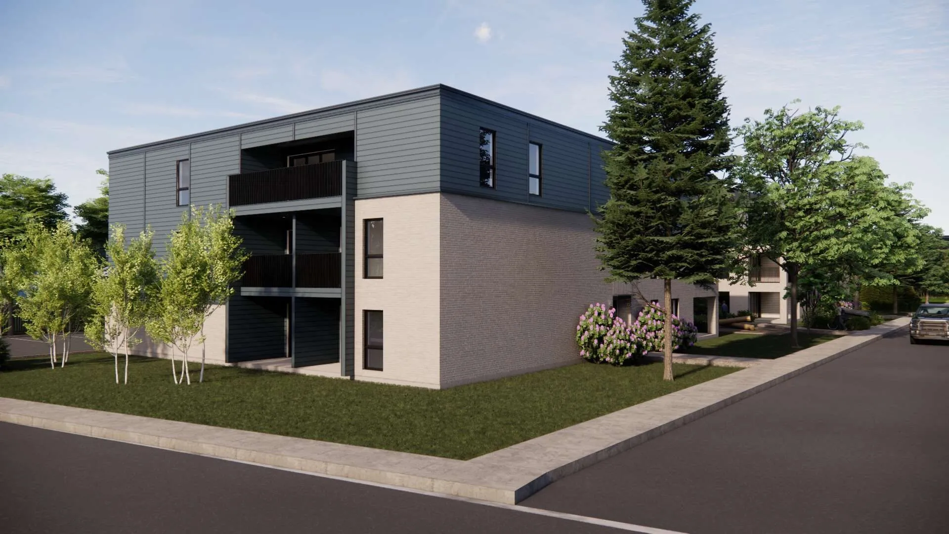 Rendu 3D de l'angle du bâtiment avec balcons en retrait