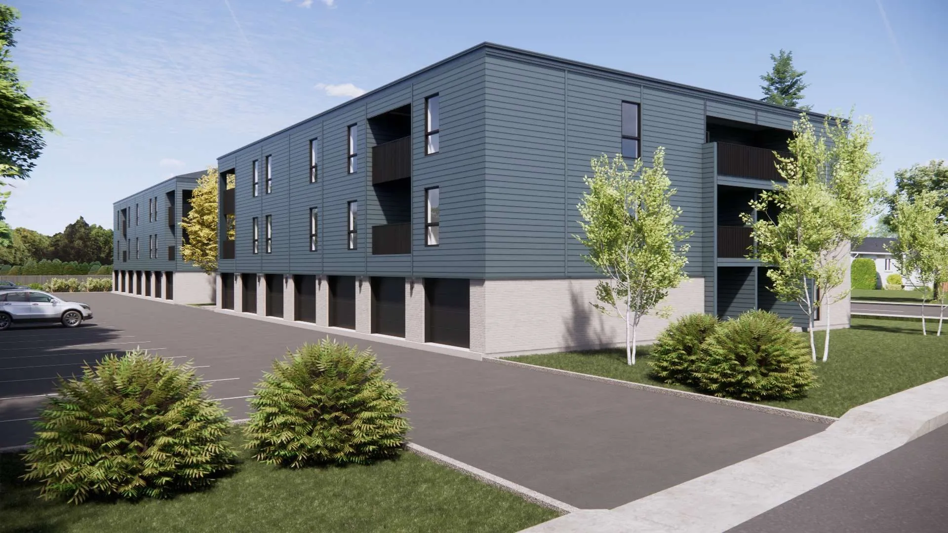 Rendu 3D de la façade latérale et de l'accès au stationnement