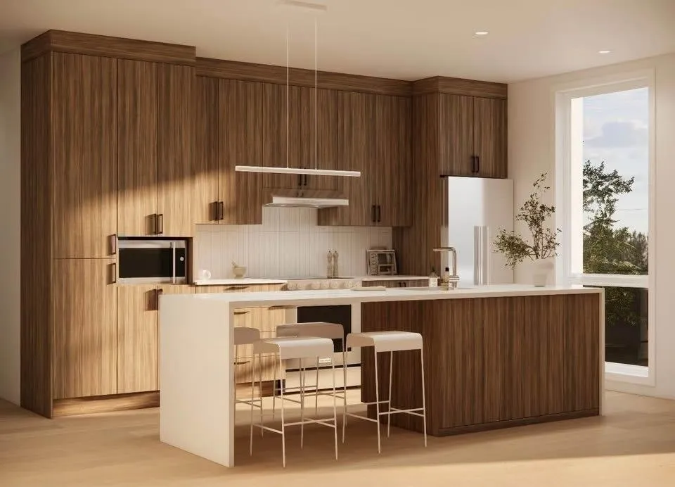 Rendu 3D d'une cuisine type aux armoires de bois