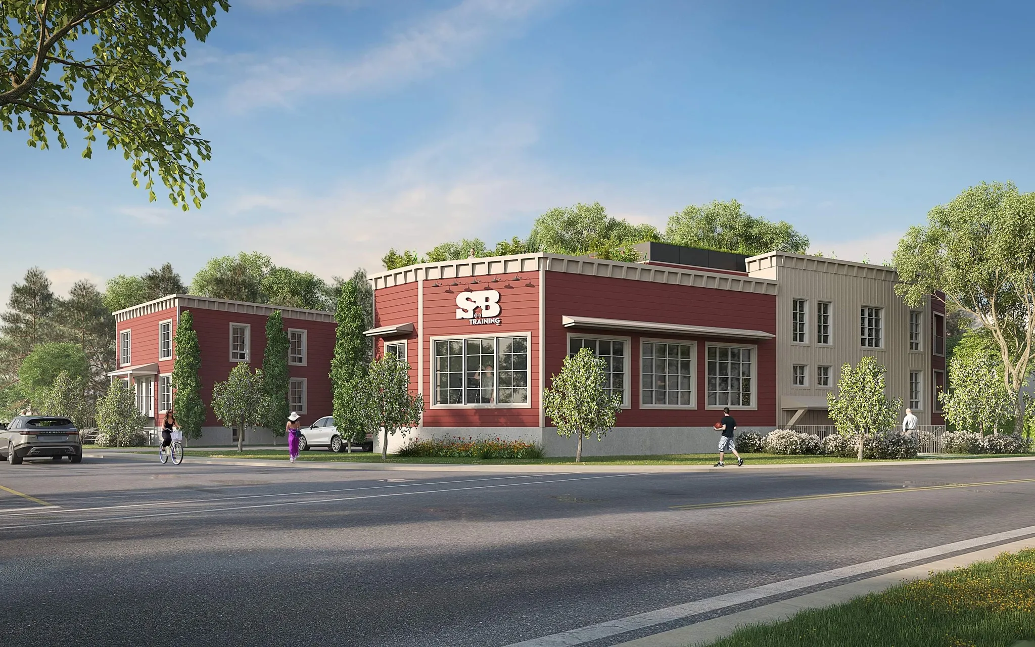 Rendu 3D du projet SB Training à l'angle de la Montée Rémi-Henri : centre d'entraînement et logements