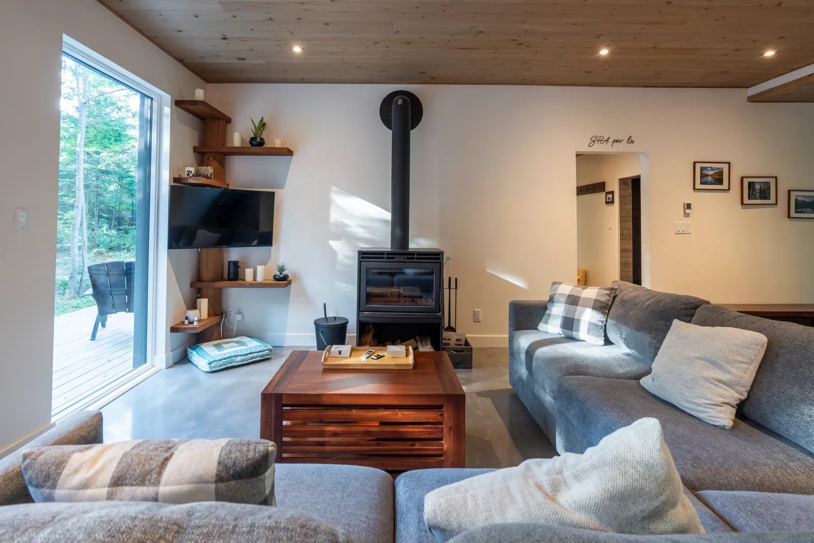 Salon avec foyer et ambiance bois naturel