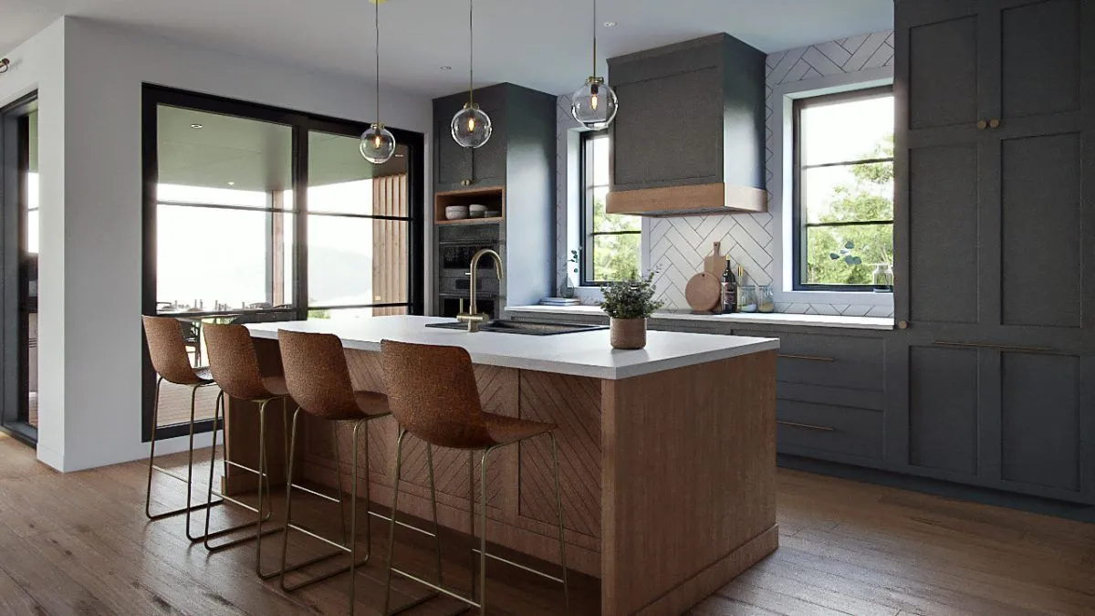 Cuisine signature du modèle T-1829 : îlot central en bois, comptoir clair et ambiance lumineuse