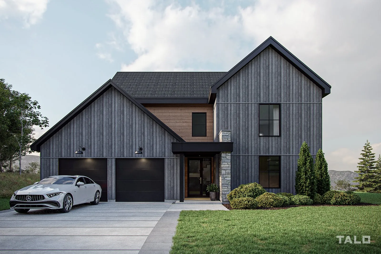 Modèle T-1829, façade avant : parement sombre, accents bois et garage double, signature transitionnelle