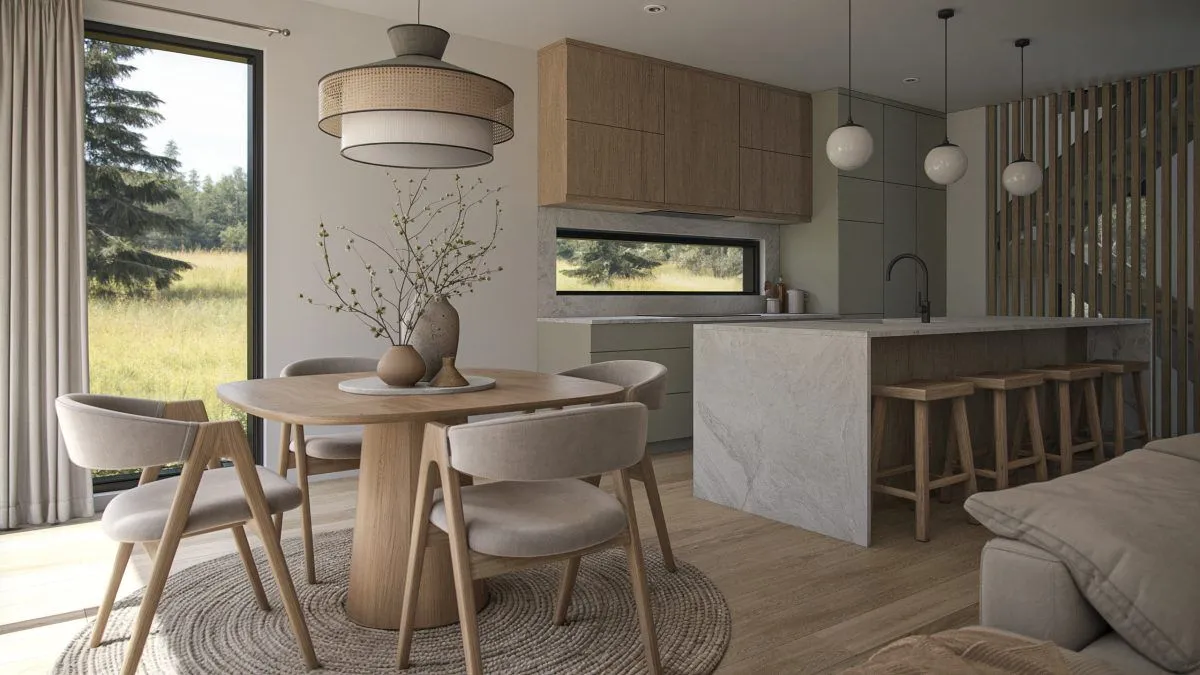 Cuisine compacte et fonctionnelle du modèle T-1830 : style scandinave épuré, îlot et coin repas