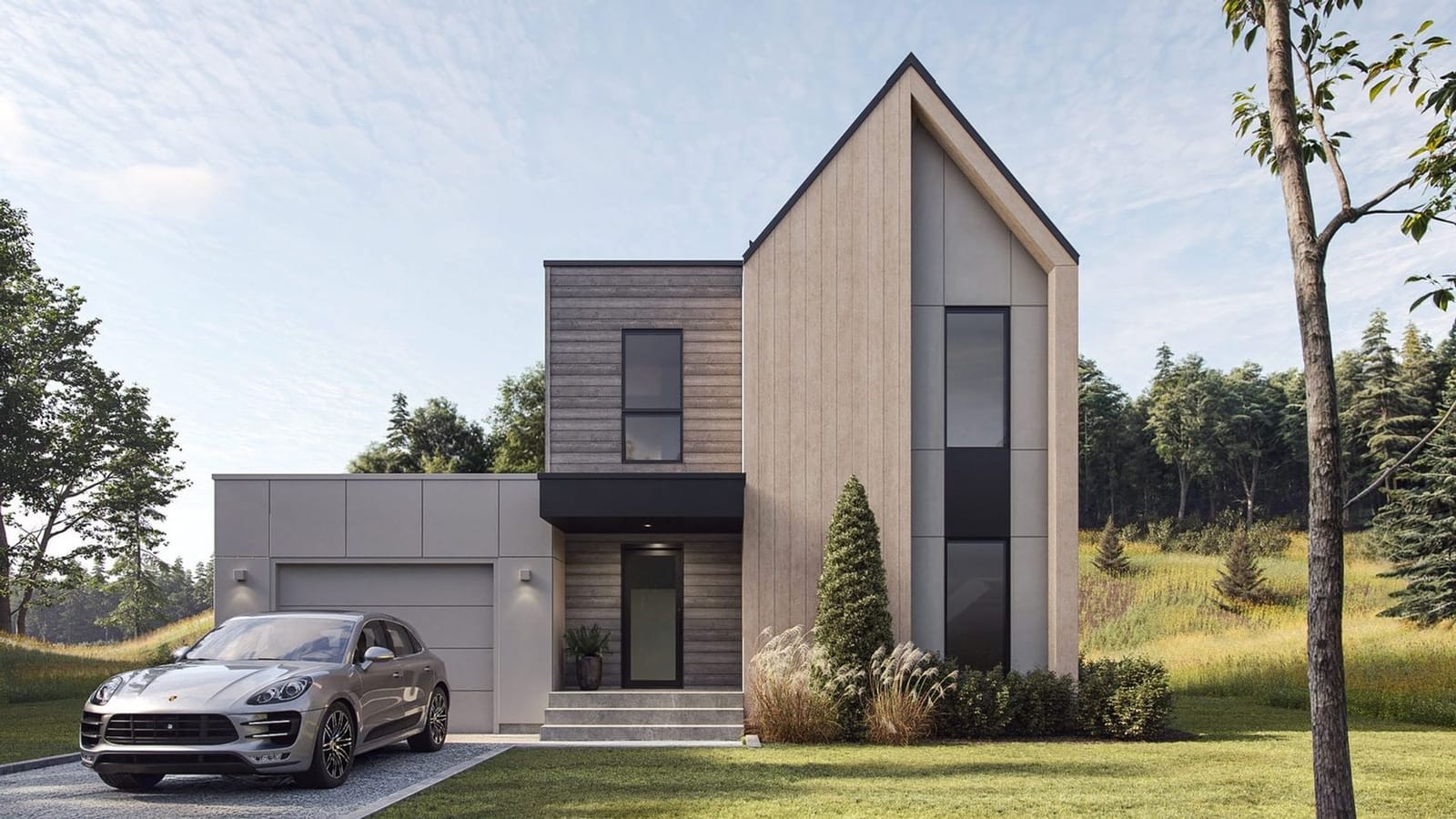 Maison contemporaine haute performance avec grandes fenêtres et bardage de bois