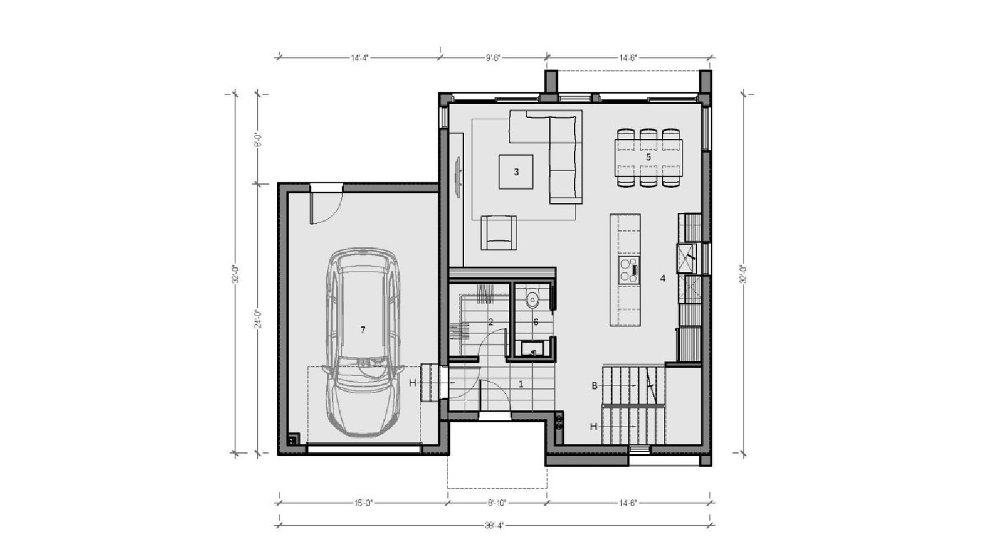 Plan d'architecte d'une maison unifamiliale avec garage : plan d'étage coté
